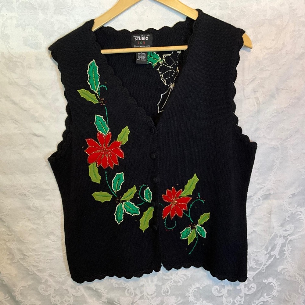 Designers Originals Studio‎ Joy Black Poinsettia Christmas Vest Women's L Cotton